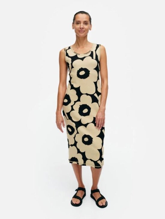 Marimekko Dresses & Skirts - MARIMEKKO Simpukka Unikko Rib Floral Cotton Tank Dress in Beige Black NWT